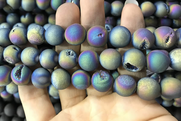 CAA1379 15.5 inches 16mm round matte plated druzy agate beads