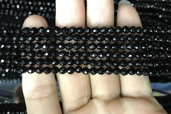 CAA2415 15.5 inches 4mm faceted round black agate beads wholesale