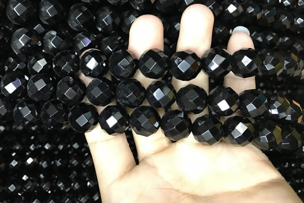 CAA2421 15.5 inches 16mm faceted round black agate beads wholesale