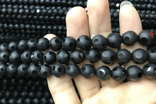 CAA2461 15.5 inches 12mm carved round matte black agate beads