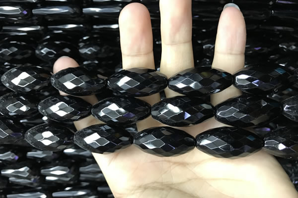 CAA2507 15.5 inches 15*30mm faceted rice black agate beads wholesale