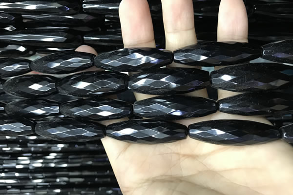 CAA2508 15.5 inches 12*50mm faceted rice black agate beads wholesale