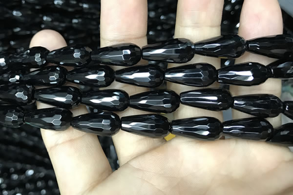 CAA2512 15.5 inches 8*16mm faceted teardrop black agate beads