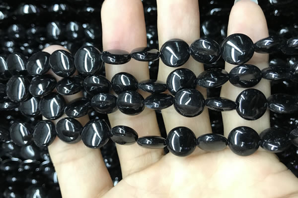 CAA2525 15.5 inches 8mm flat round black agate beads wholesale