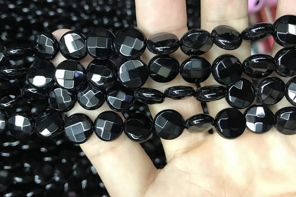 CAA2583 15.5 inches 16mm faceted coin black agate beads wholesale