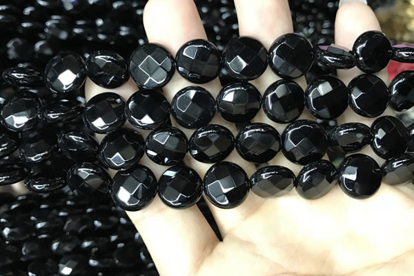 CAA2584 15.5 inches 18mm faceted coin black agate beads wholesale