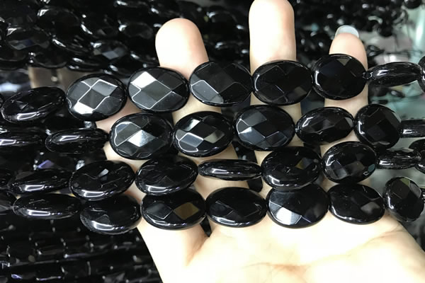 CAA2595 15.5 inches 15*20mm faceted oval black agate beads wholesale