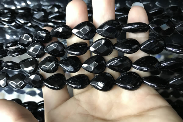 CAA2602 15.5 inches 12*16mm faceted flat teardrop black agate beads