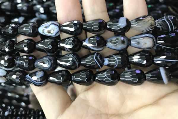 CAA2654 15.5 inches 13*18mm faceted teardrop banded black agate beads