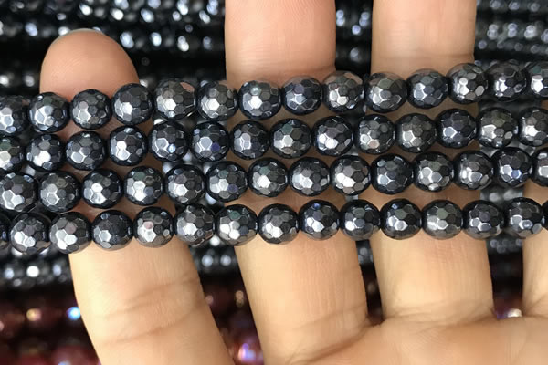 CAA3555 15.5 inches 6mm faceted round AB-color black agate beads