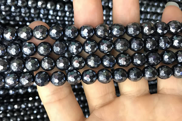 CAA3556 15.5 inches 8mm faceted round AB-color black agate beads