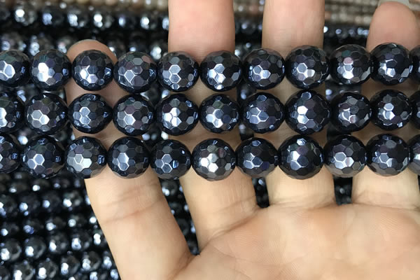 CAA3558 15.5 inches 12mm faceted round AB-color black agate beads