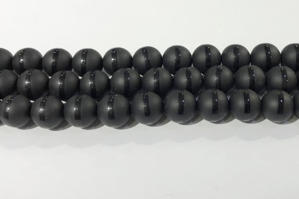 CAA3653 15.5 inches 12mm round matte & carved black agate beads