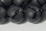 CAA3658 15.5 inches 12mm round matte & carved black agate beads