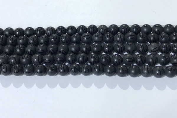 CAA3660 15.5 inches 6mm round matte & carved black agate beads