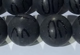 CAA3663 15.5 inches 12mm round matte & carved black agate beads