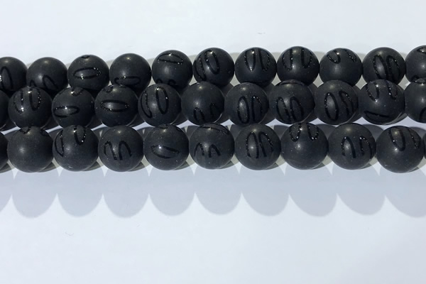 CAA3663 15.5 inches 12mm round matte & carved black agate beads