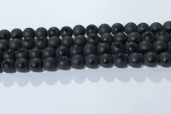 CAA3666 15.5 inches 8mm round matte & carved black agate beads