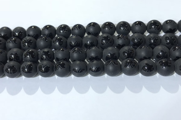 CAA3667 15.5 inches 10mm round matte & carved black agate beads