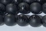 CAA3670 15.5 inches 6mm round matte & carved black agate beads