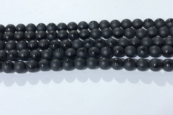 CAA3670 15.5 inches 6mm round matte & carved black agate beads