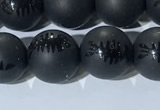 CAA3671 15.5 inches 8mm round matte & carved black agate beads