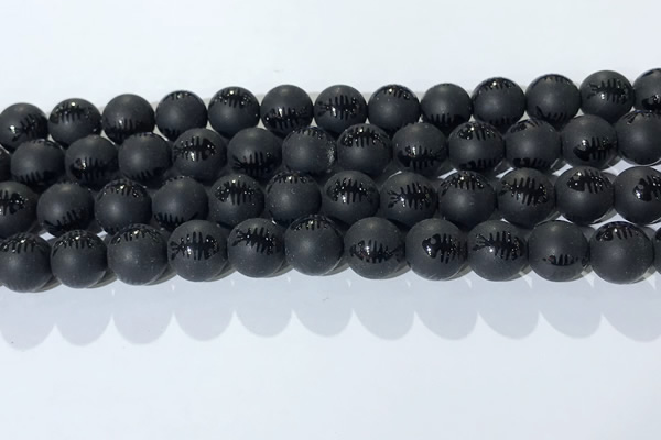 CAA3672 15.5 inches 10mm round matte & carved black agate beads