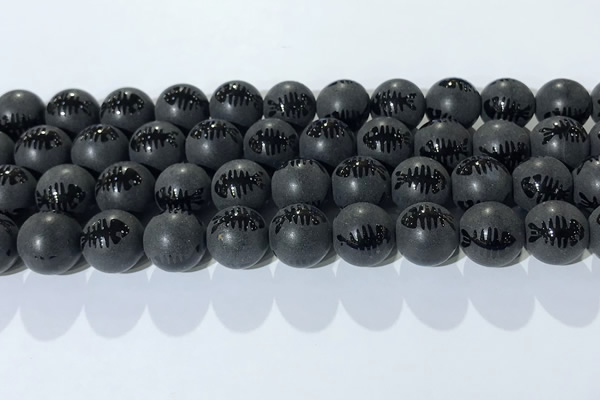 CAA3673 15.5 inches 12mm round matte & carved black agate beads