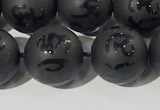 CAA3677 15.5 inches 10mm round matte & carved black agate beads