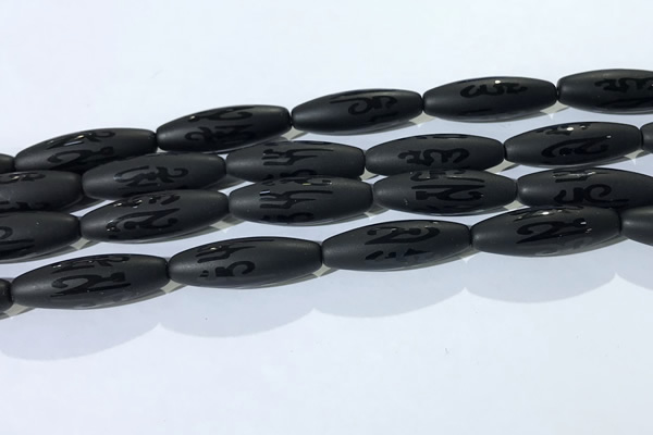 CAA3682 15.5 inches 10*30mm rice matte & carved black agate beads