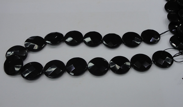 CAB320 15.5 inches 25mm faceted coin black agate gemstone beads