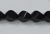 CAB336 15.5 inches 10*14mm faceted & twisted rice black agate beads