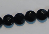 CAB809 15.5 inches 12mm faceted coin black gemstone agate beads