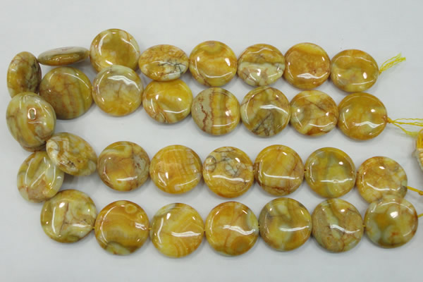 CAB945 15.5 inches 25mm flat round yellow crazy lace agate beads