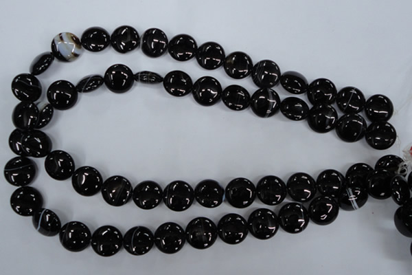 CAG2908 15.5 inches 14mm flat round black line agate beads