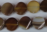 CAG3151 15.5 inches 14mm twisted coin brown line agate beads