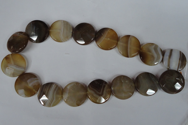 CAG3168 15.5 inches 25mm faceted coin brown line agate beads