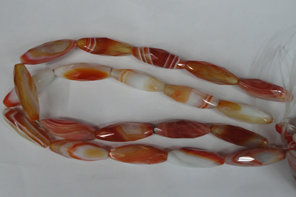 CAG3280 15.5 inches 13*40mm faceted rice red line agate beads