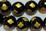 CAG3365 15.5 inches 14mm carved round black agate beads wholesale