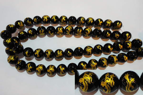 CAG3382 15.5 inches 14mm carved round black agate beads wholesale