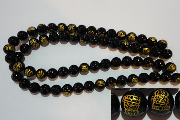 CAG3386 15.5 inches 12mm carved round black agate beads wholesale