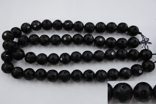 CAG3675 15.5 inches 16mm carved round matte black agate beads