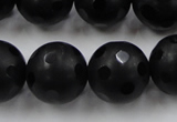 CAG3676 15.5 inches 18mm carved round matte black agate beads