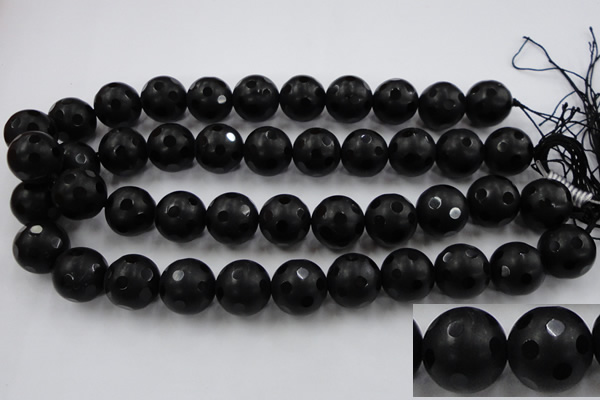 CAG3676 15.5 inches 18mm carved round matte black agate beads