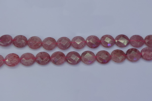 CBQ461 15.5 inches 14mm faceted coin strawberry quartz beads