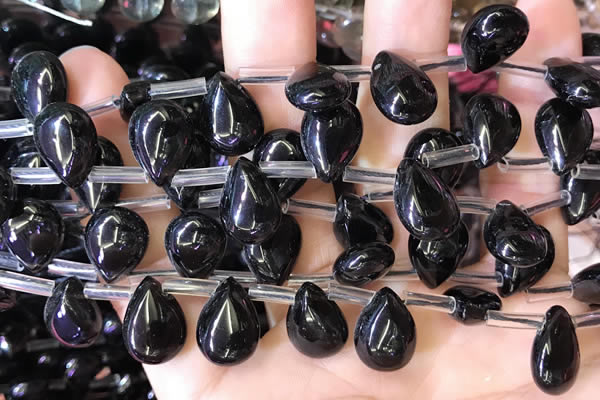 CBQ511 Top drilled 10*14mm flat teardrop natural black quartz beads