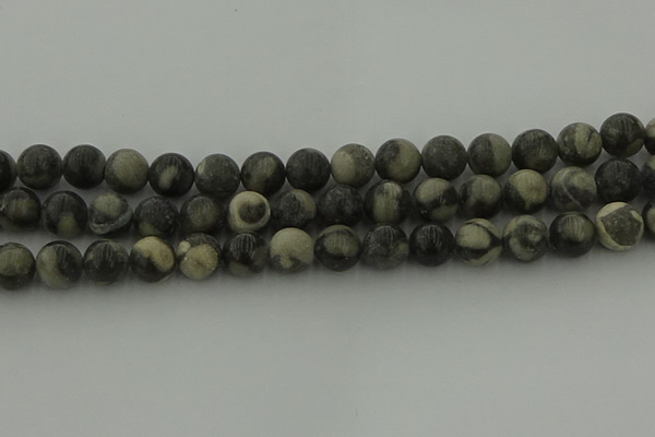 CBW164 15.5 inches 12mm round matte black fossil jasper beads