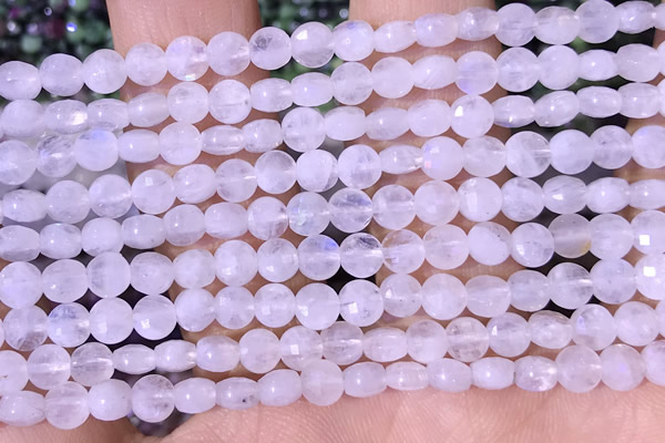 CCB1031 15 inches 4mm faceted coin white moonstone beads