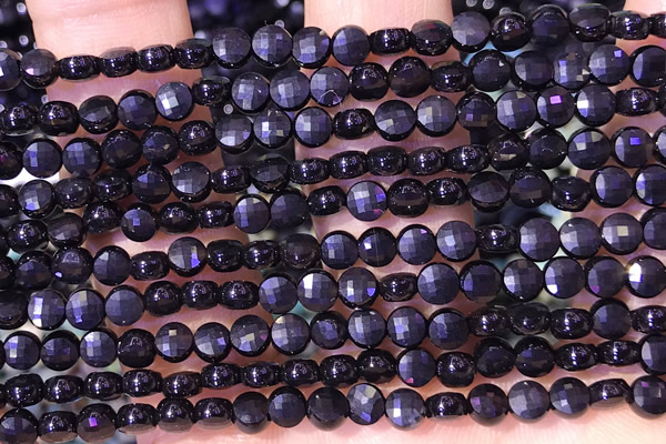 CCB1058 15 inches 4mm faceted coin black agate beads