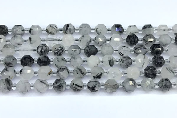 CCB1500 15 inches 7mm - 8mm faceted black rutilated quartz beads